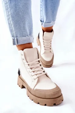 Botki Sznurowane|Czarne Botki>Boto Damskie Botki Trapery Beżowe Any One