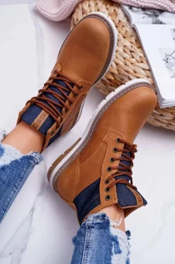 Damskie Trapery|Botki Sznurowane>Big Star Shoes Damskie Botki Trapery Big Star Skórzane Brązowe EE274004