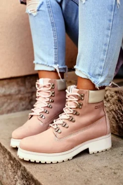 Damskie Botki Trapery Big Star Pastelowe Różowe EE274034 Damskie Damskie Trapery|Botki Sznurowane