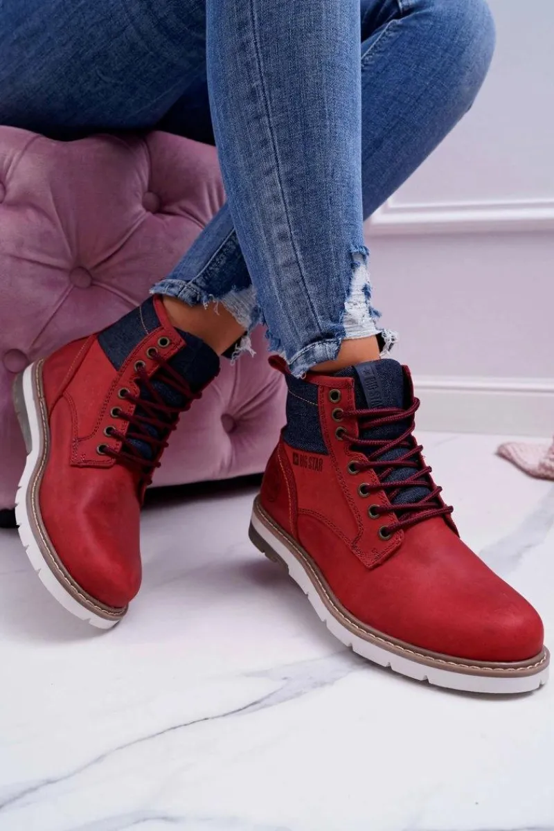 Hot Big Star Shoes Damskie Botki Trapery Big Star Skórzane Bordowe EE274006