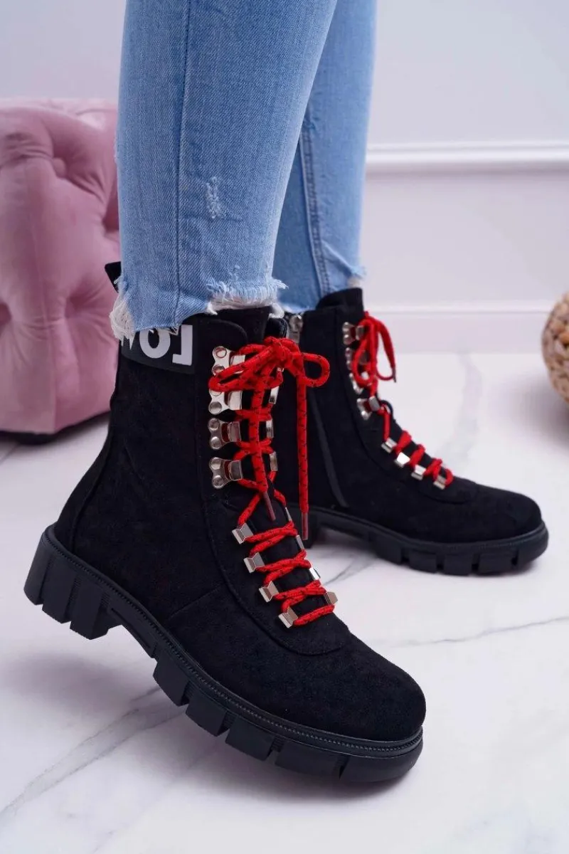 Best Damskie Botki Trapery Czarne Zamszowe Panther Damskie Botki Sznurowane|Botki Zimowe Damskie