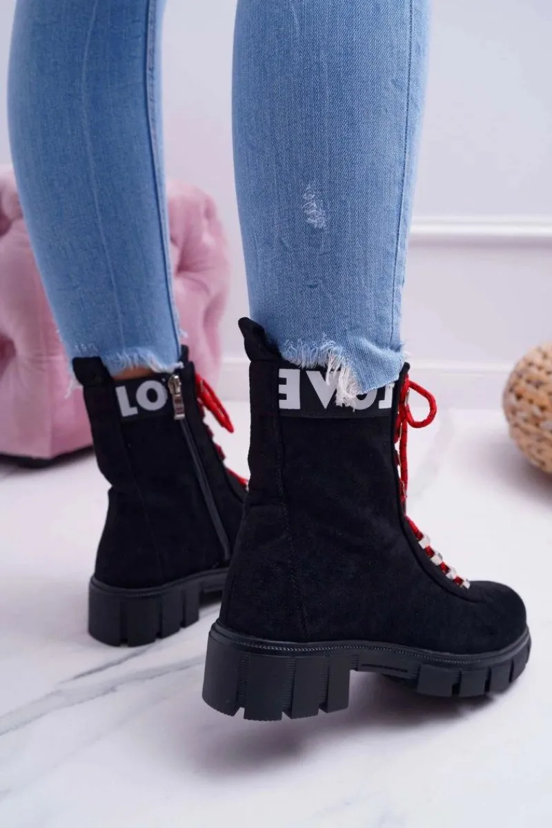 Best Damskie Botki Trapery Czarne Zamszowe Panther Damskie Botki Sznurowane|Botki Zimowe Damskie