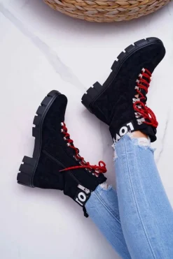 Best Damskie Botki Trapery Czarne Zamszowe Panther Damskie Botki Sznurowane|Botki Zimowe Damskie