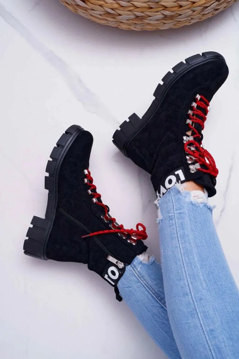 Best Damskie Botki Trapery Czarne Zamszowe Panther Damskie Botki Sznurowane|Botki Zimowe Damskie