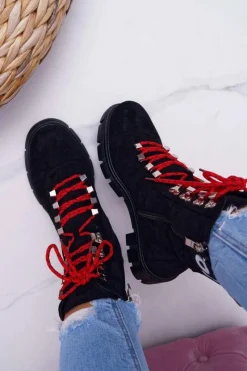 Best Damskie Botki Trapery Czarne Zamszowe Panther Damskie Botki Sznurowane|Botki Zimowe Damskie