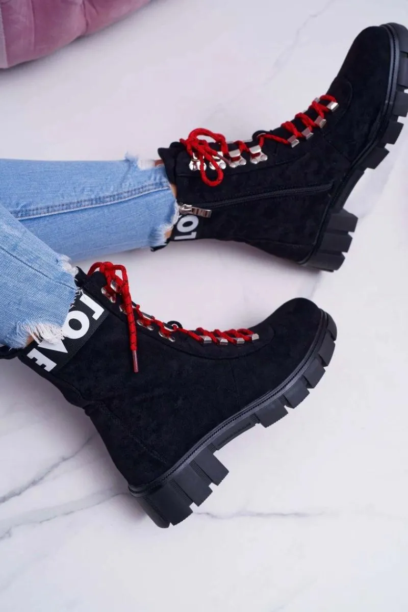 Best Damskie Botki Trapery Czarne Zamszowe Panther Damskie Botki Sznurowane|Botki Zimowe Damskie