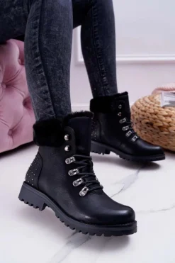 New Boto Damskie Botki Trapery Futerko Czarne Ergost