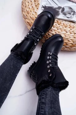 New Boto Damskie Botki Trapery Futerko Czarne Ergost