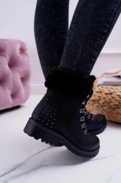 New Boto Damskie Botki Trapery Futerko Czarne Ergost