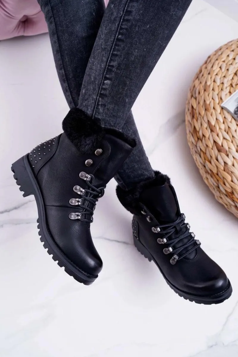 New Boto Damskie Botki Trapery Futerko Czarne Ergost