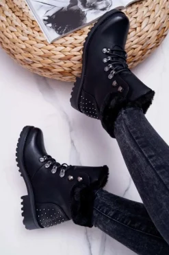 New Boto Damskie Botki Trapery Futerko Czarne Ergost