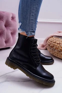 Outlet Damskie Botki Trapery Glany Big Star Skórzane Czarne EE274001 Damskie Damskie Trapery|Botki Sznurowane