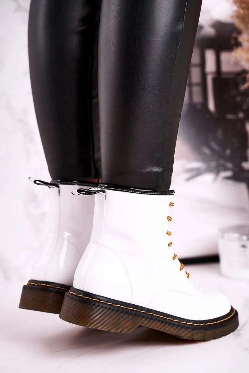 Damskie Trapery|Botki Sznurowane>GOE Damskie Botki Trapery Glany Skórzane Białe GG2N3057A