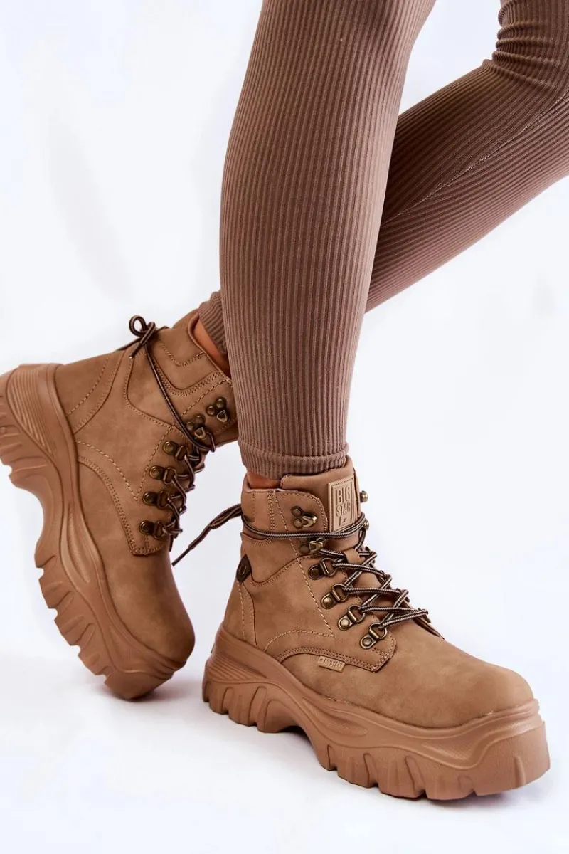 Outlet Damskie Botki Trapery Memory Foam Big Star KK274366 Beżowe Damskie Damskie Trapery|Botki Sznurowane