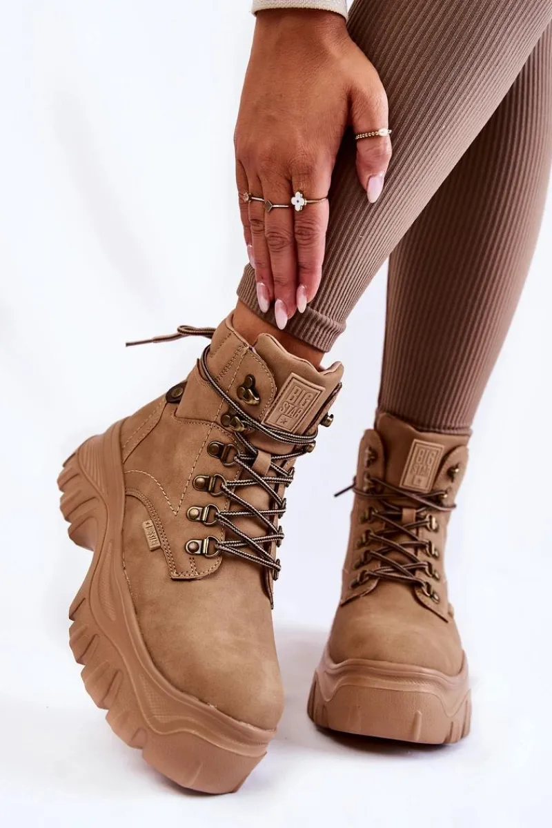 Outlet Damskie Botki Trapery Memory Foam Big Star KK274366 Beżowe Damskie Damskie Trapery|Botki Sznurowane