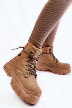 Outlet Damskie Botki Trapery Memory Foam Big Star KK274366 Beżowe Damskie Damskie Trapery|Botki Sznurowane