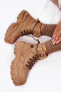 Outlet Damskie Botki Trapery Memory Foam Big Star KK274366 Beżowe Damskie Damskie Trapery|Botki Sznurowane