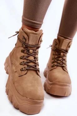 Outlet Damskie Botki Trapery Memory Foam Big Star KK274366 Beżowe Damskie Damskie Trapery|Botki Sznurowane