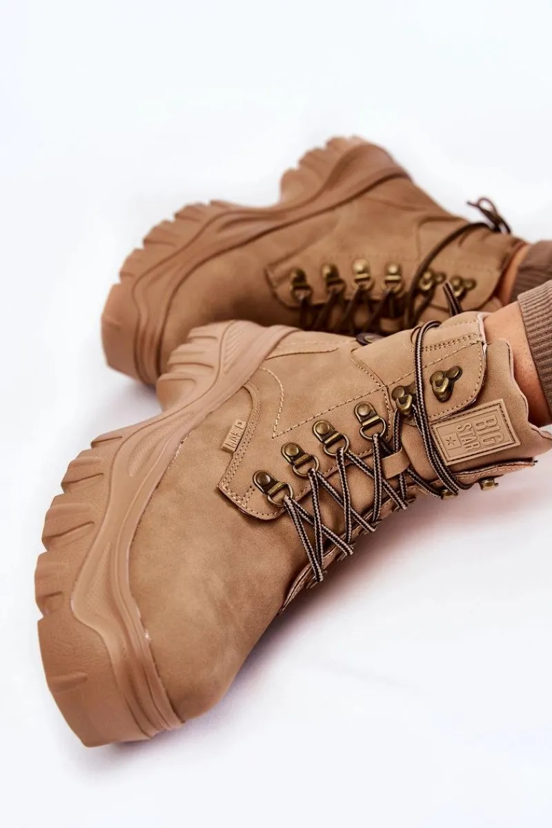 Outlet Damskie Botki Trapery Memory Foam Big Star KK274366 Beżowe Damskie Damskie Trapery|Botki Sznurowane