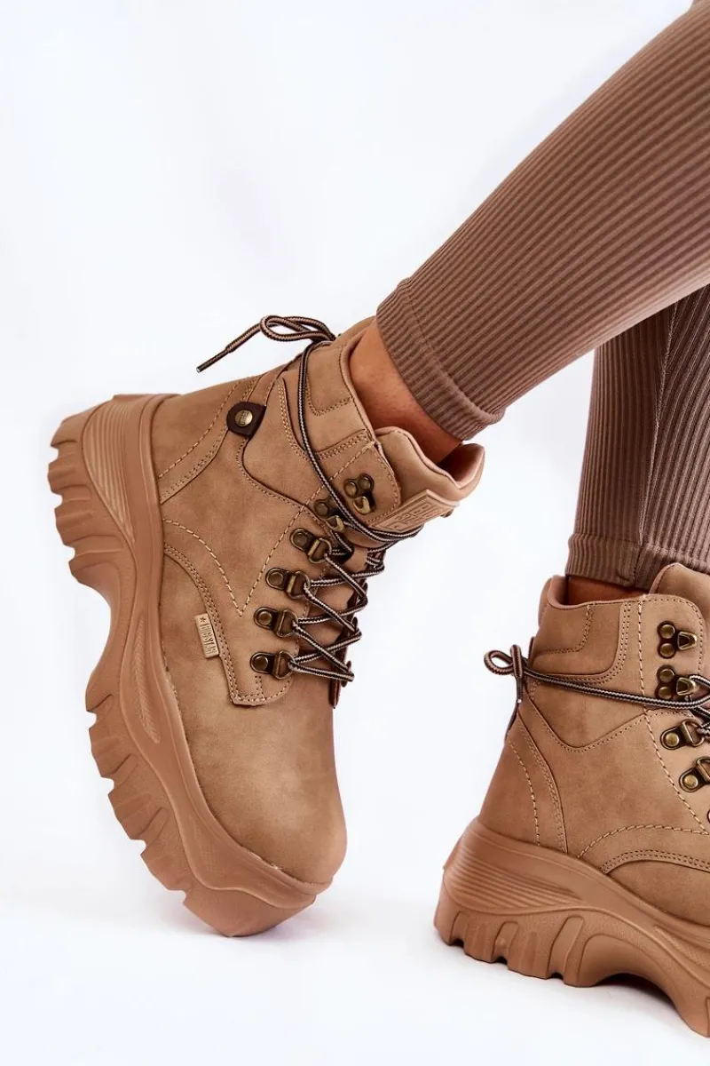 Outlet Damskie Botki Trapery Memory Foam Big Star KK274366 Beżowe Damskie Damskie Trapery|Botki Sznurowane