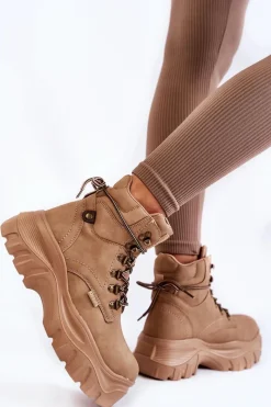 Outlet Damskie Botki Trapery Memory Foam Big Star KK274366 Beżowe Damskie Damskie Trapery|Botki Sznurowane