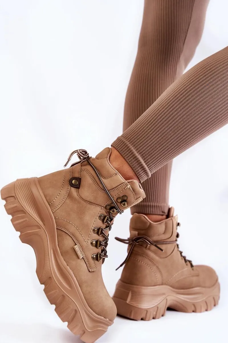 Outlet Damskie Botki Trapery Memory Foam Big Star KK274366 Beżowe Damskie Damskie Trapery|Botki Sznurowane