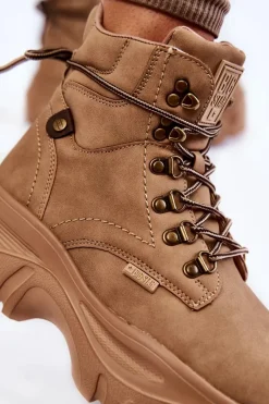 Outlet Damskie Botki Trapery Memory Foam Big Star KK274366 Beżowe Damskie Damskie Trapery|Botki Sznurowane