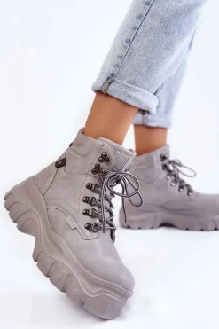 Damskie Trapery|Botki Sznurowane>Big Star Shoes Damskie Botki Trapery Memory Foam Big Star KK274367 Szare