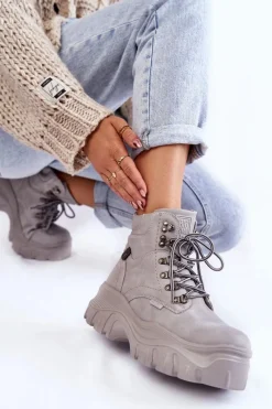 Damskie Trapery|Botki Sznurowane>Big Star Shoes Damskie Botki Trapery Memory Foam Big Star KK274367 Szare