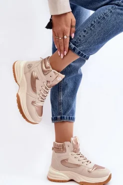 Hot Damskie Botki Trapery Na Grubej Podeszwie LCJ-23-44-1972L Beżowe Damskie Trekkingowe Damskie|Damskie Trapery