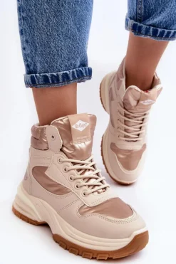 Hot Damskie Botki Trapery Na Grubej Podeszwie LCJ-23-44-1972L Beżowe Damskie Trekkingowe Damskie|Damskie Trapery