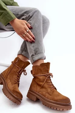 Best Damskie Botki Trapery Na Grubej Podeszwie Camel Narelona Damskie Damskie Trapery|Botki Sznurowane