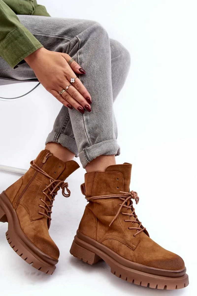 Best Damskie Botki Trapery Na Grubej Podeszwie Camel Narelona Damskie Damskie Trapery|Botki Sznurowane