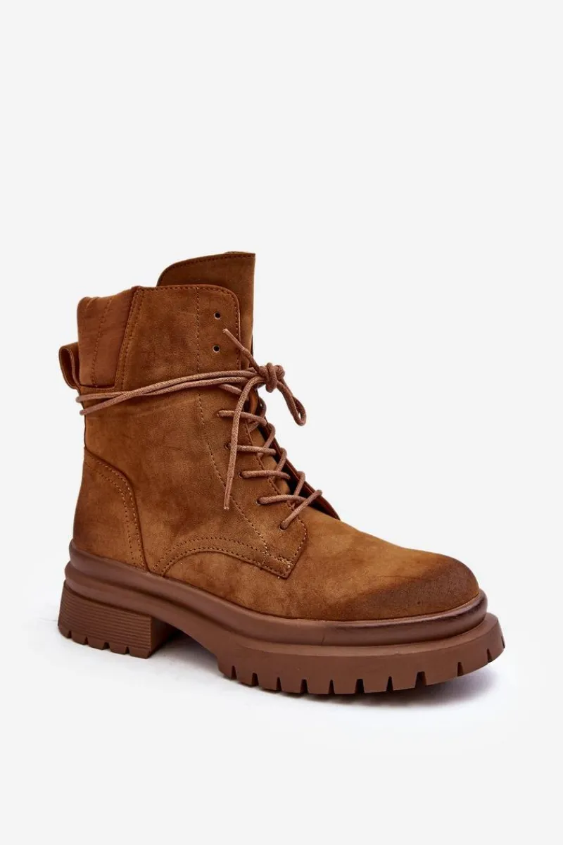 Best Damskie Botki Trapery Na Grubej Podeszwie Camel Narelona Damskie Damskie Trapery|Botki Sznurowane