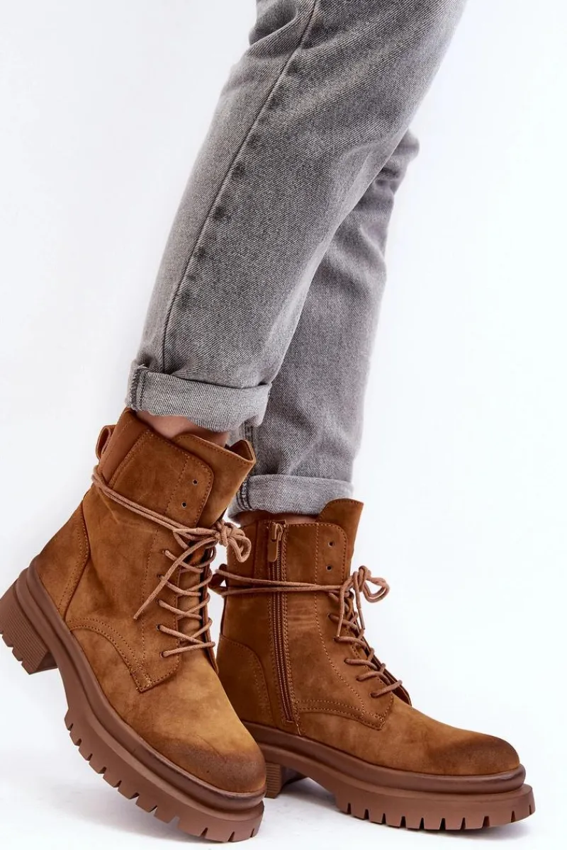 Best Damskie Botki Trapery Na Grubej Podeszwie Camel Narelona Damskie Damskie Trapery|Botki Sznurowane