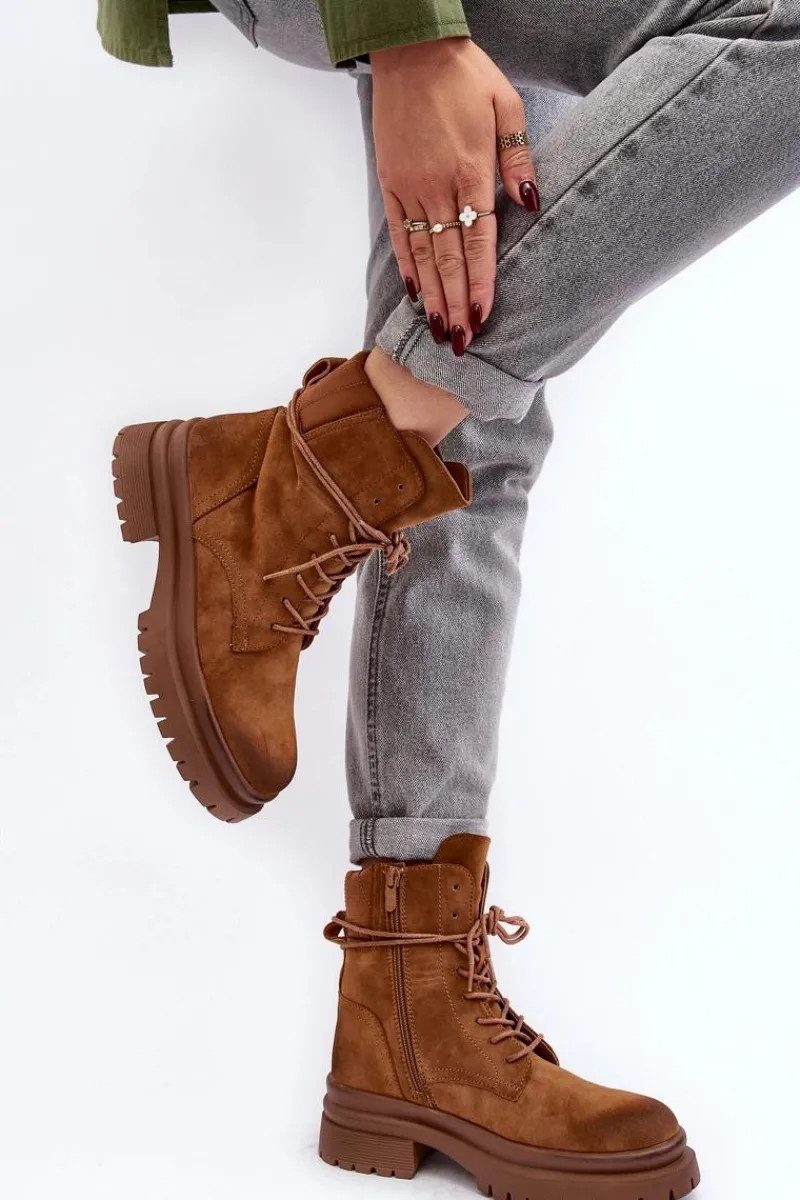 Best Damskie Botki Trapery Na Grubej Podeszwie Camel Narelona Damskie Damskie Trapery|Botki Sznurowane