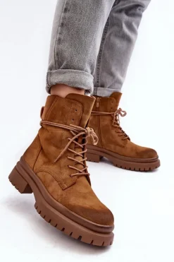 Best Damskie Botki Trapery Na Grubej Podeszwie Camel Narelona Damskie Damskie Trapery|Botki Sznurowane