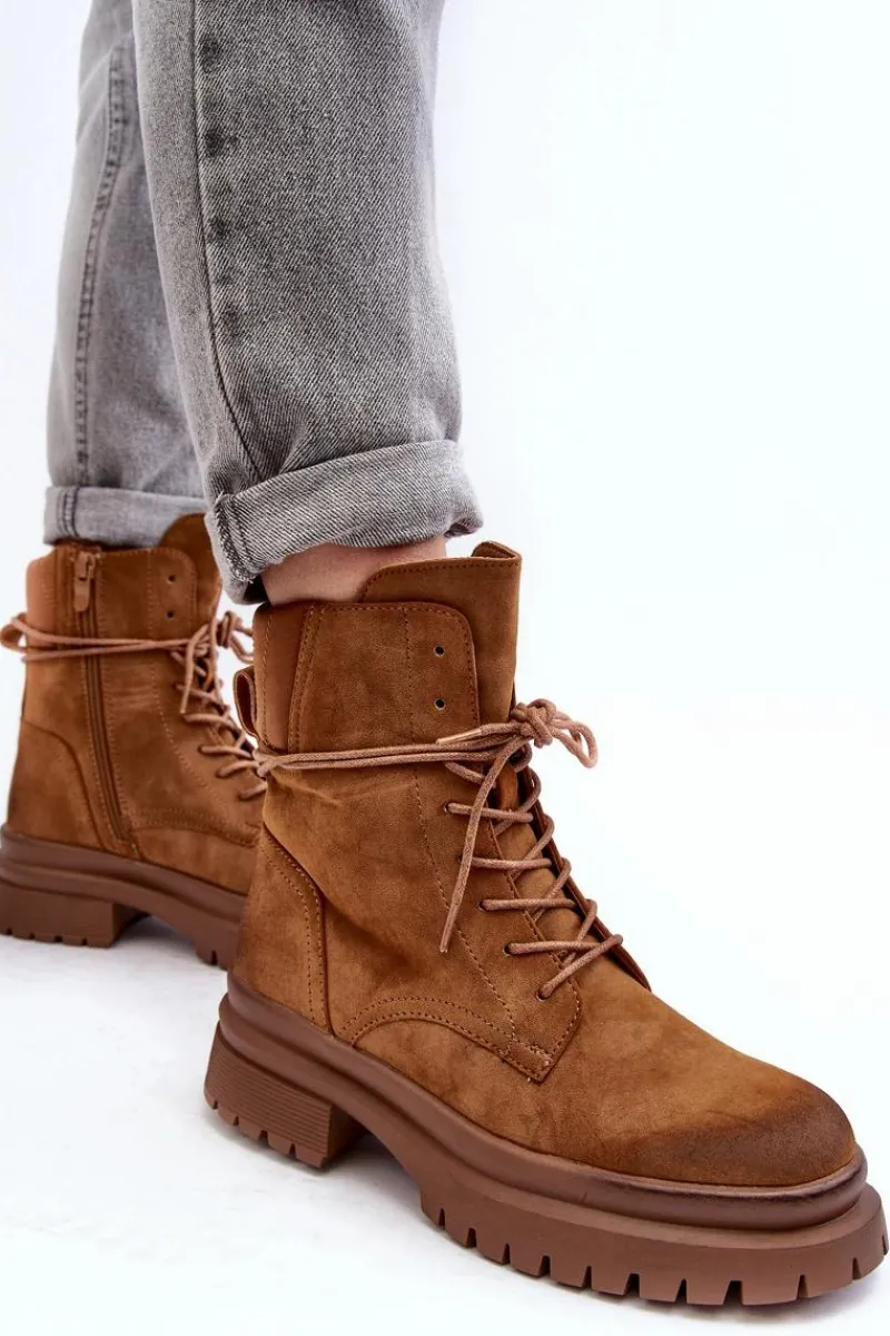 Best Damskie Botki Trapery Na Grubej Podeszwie Camel Narelona Damskie Damskie Trapery|Botki Sznurowane