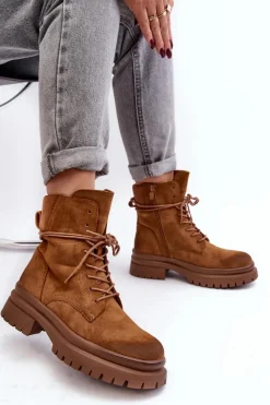 Best Damskie Botki Trapery Na Grubej Podeszwie Camel Narelona Damskie Damskie Trapery|Botki Sznurowane