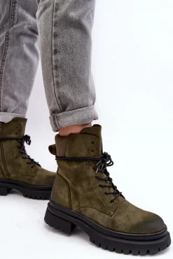 Sale Boto Damskie Botki Trapery Na Grubej Podeszwie Ciemnozielone Narelona