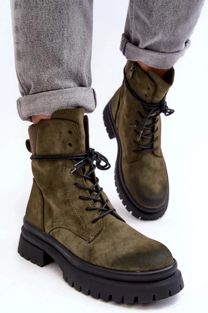 Sale Boto Damskie Botki Trapery Na Grubej Podeszwie Ciemnozielone Narelona