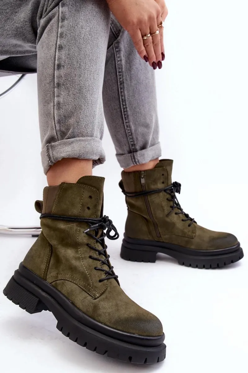 Sale Boto Damskie Botki Trapery Na Grubej Podeszwie Ciemnozielone Narelona