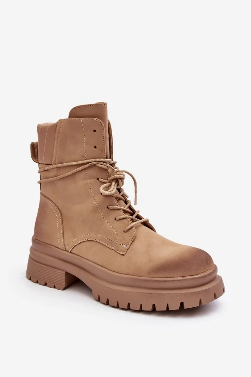 Damskie Trapery|Botki Sznurowane>Boto Damskie Botki Trapery Na Grubej Podeszwie Beżowe Narelona