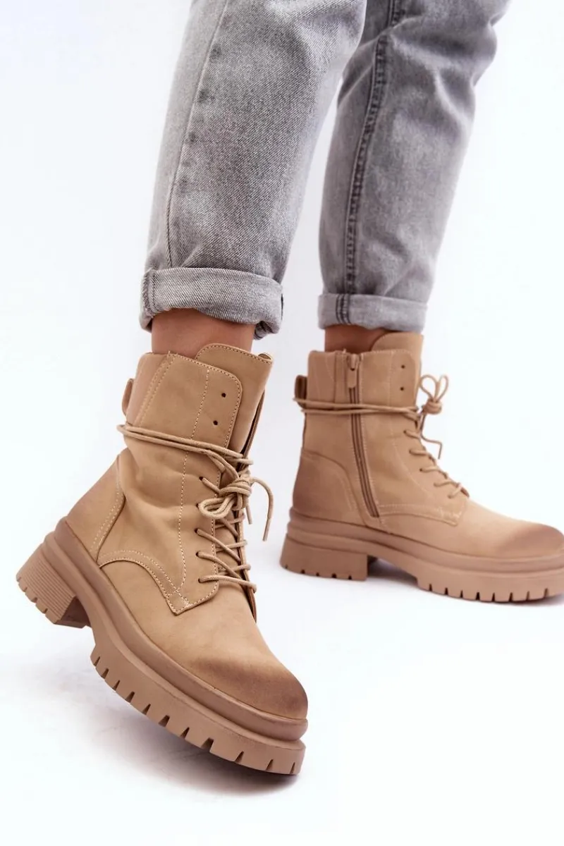 Damskie Trapery|Botki Sznurowane>Boto Damskie Botki Trapery Na Grubej Podeszwie Beżowe Narelona