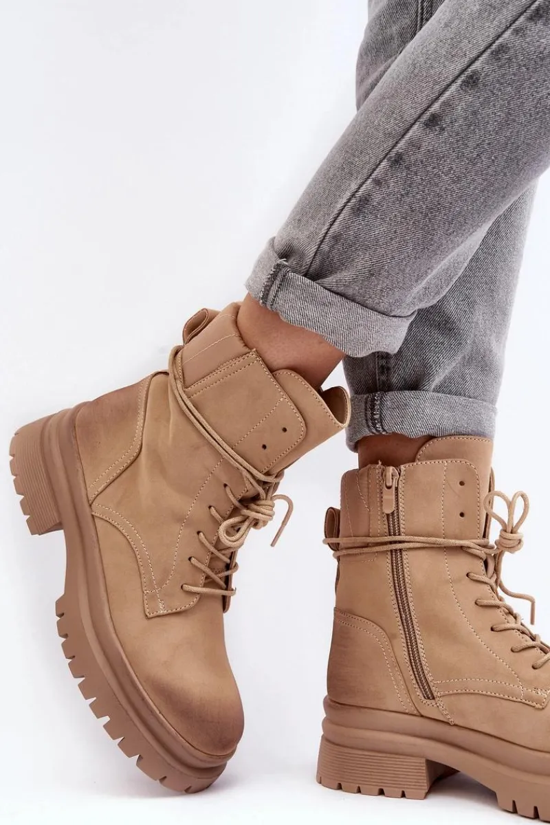Damskie Trapery|Botki Sznurowane>Boto Damskie Botki Trapery Na Grubej Podeszwie Beżowe Narelona
