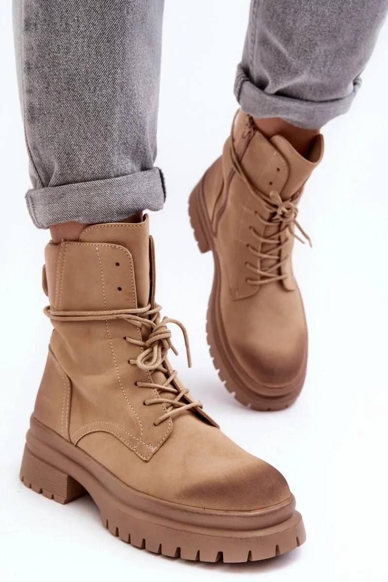 Damskie Trapery|Botki Sznurowane>Boto Damskie Botki Trapery Na Grubej Podeszwie Beżowe Narelona