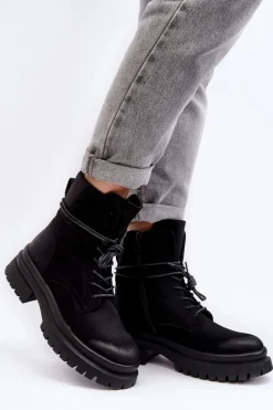 Clearance Damskie Botki Trapery Na Grubej Podeszwie Czarne Narelona Damskie Damskie Trapery|Botki Sznurowane