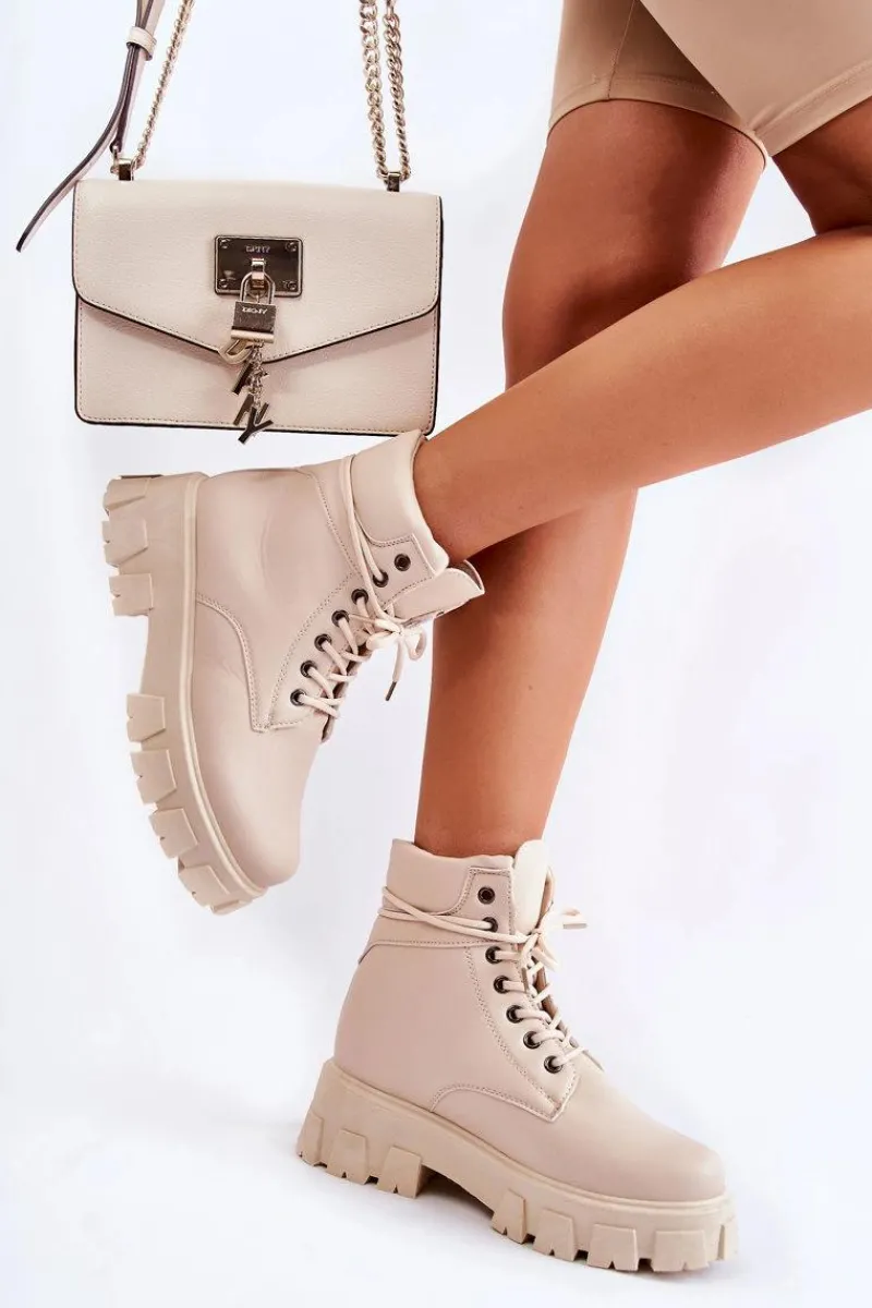 Hot Boto Damskie Botki Trapery Ocieplane Jasnobeżowe Flavin