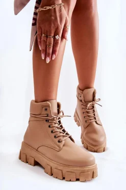 Outlet Boto Damskie Botki Trapery Ocieplane Beżowe Flavin Beżowy