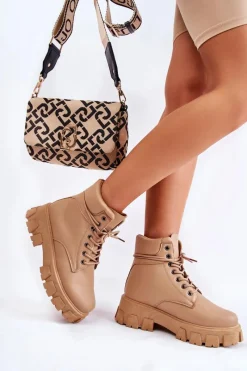 Outlet Boto Damskie Botki Trapery Ocieplane Beżowe Flavin Beżowy